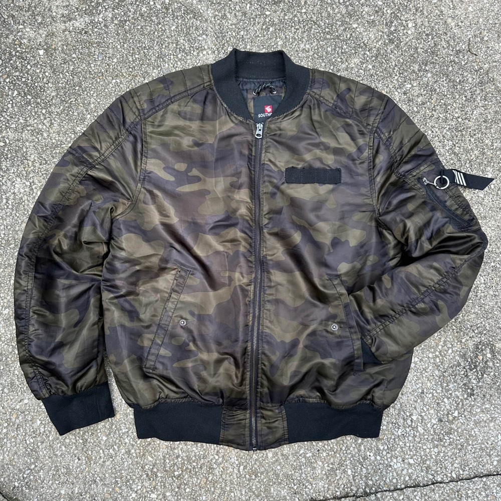 Southpole Mens Camo Bomber Jacket Green Brown Camouflage Flight Coat Size Medium